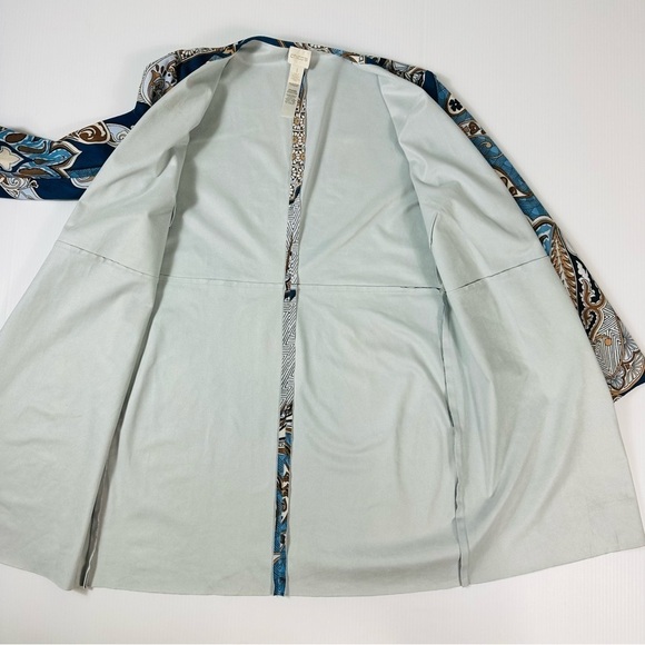 Chicos Faux Suede Jacket Paisley Sz 1 US 8 Medium Blue Beige Open Front Duster - Picture 12 of 15